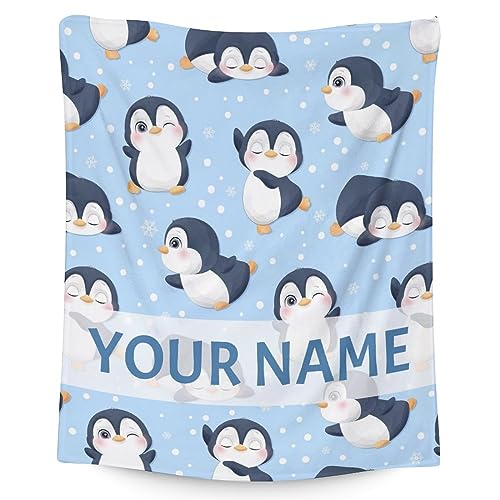 Custom Penguin Blankets with Name - Soft Warm Blanket Throw for Kids, Adults - 50"x60" Flannel Blankets for Bed, Couch, Sofa - Blue Cute Blanket Gifts