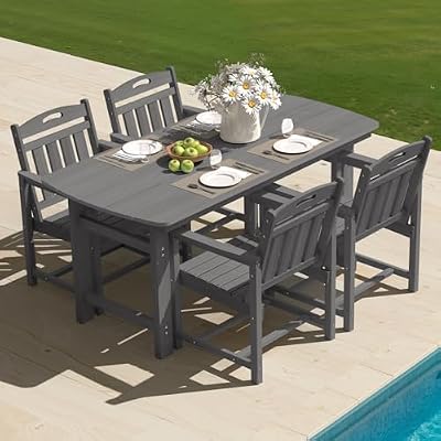 HDPE Outdoor Dining Set 5-Piece Outdoor Table and Chairs with Umbrella Hole, All-Weather Patio Dining Set for 4, Durable Patio Furniture Set for Backyard, Garden, Lawn & Poolside, Grey