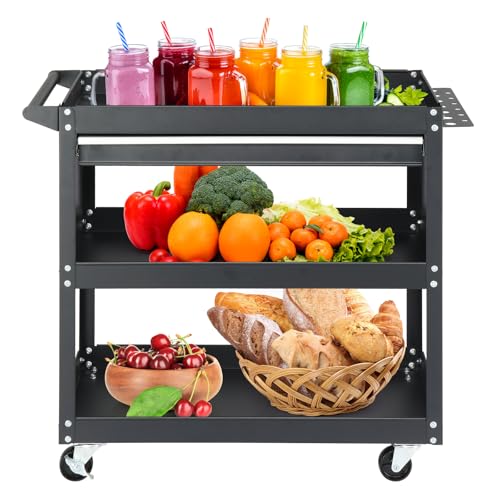 Winado 3-Tier Rolling Tool Cart, Metal Heavy Duty Utility Cart on Wheels with Pegboard, Drawer, 4 Hooks, 330lbs Load Storage Capability Tool Cart for Garage Warehouse Repair Shop, Black