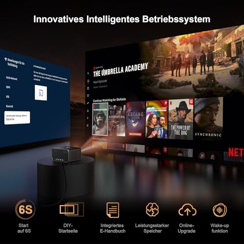 Beamer 4K Passend für Netflix Dolby Audio 35000L 1080P FHD Smart Beamer Heimkino, KI-Autofokus & Trapezkorrektur Jimveo Projektor mit Zwei-Wege Bluetooth WiFi6 Outdoor 300 Display Video Projektor