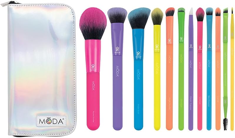 Kit de 13 Pincéis de Maquiagem MODA Totally Electric com Estojo Holográfico Neon