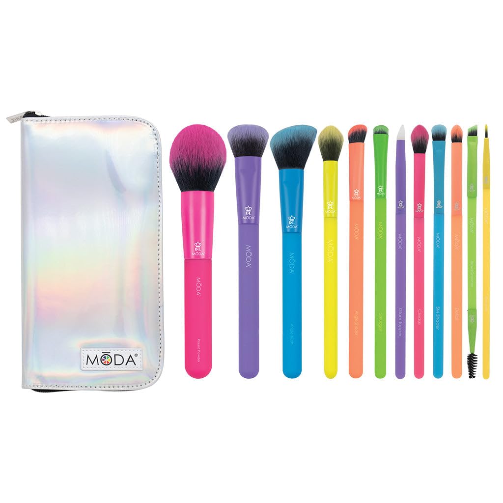 Moda Totally Electric 13pc Full Face Makeup Brush Set – Bold, Colorful, Vegan Brushes for Face & Eye Makeup, Blending, Contouring, and More