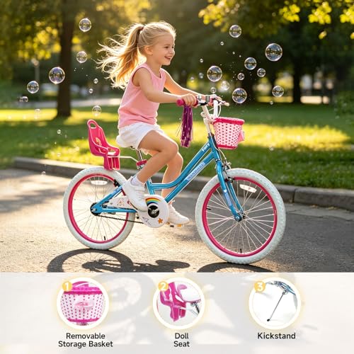 Image of WinHope Girls Bike with Doll Seat, 12 14 16 18 20 Inch Kids Bike for 2-12 | Dual Brake with Training Wheels / Kickstand & Streamers Birthday Gift for Toddler Outdoor Riding, Multiple Colors