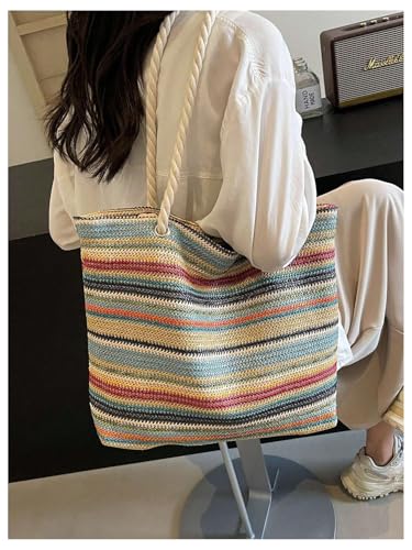 Image of QWINEE Women's Striped Tote Bags Double Handle Large Capacity Lightweight shoulder Handbag