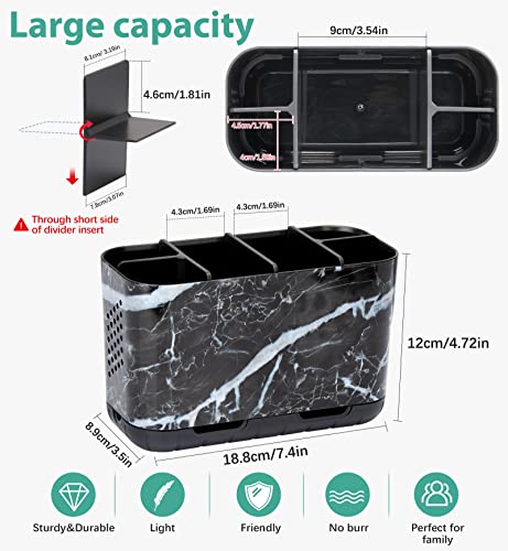 Boperzi Black Toothbrush Holder For Bathroom Toothpaste Organizer Countertop, Detachable Anti-Slip Marble Toothpaste Storage Caddy 6 Slots With Drainage Holes For Makeup Brush Razor Stand #TOP4