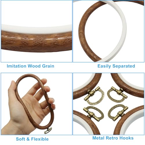 Image of Bonsicoky 15 Pack 5 Inch Round Embroidery Hoops | Wood Look Decorative, PVC Imitated Wood, Vintage Frames, For Hand Embroidery & Cross Stitch Projects