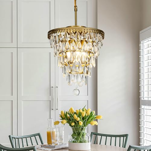 ALOADECOR 3-Light Modern Gold 5-Tiered Tear Drop Crystal Chandelier in Antique Brass with Raindrop...