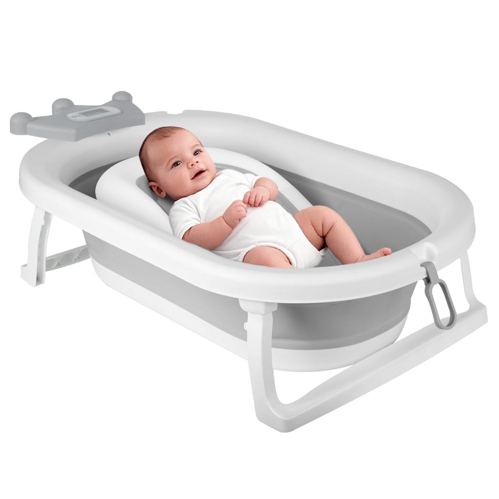 Homewell Vasca da bagno pieghevole per neonati con cuscino da bagno e termometro digitale, vasca da bagno per bambini per la casa e i viaggi, ideale per regalo di nascita, ragazza o ragazzo (corona)