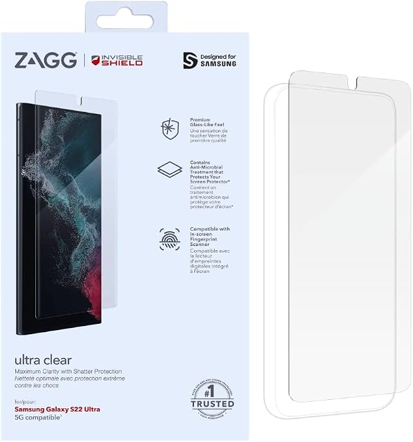 ZAGG InvisibleShield Ultra Clear for Samsung Galaxy S22 Ultra- Impact Protection, Touch Sensitive, Easy Application, Full Coverage