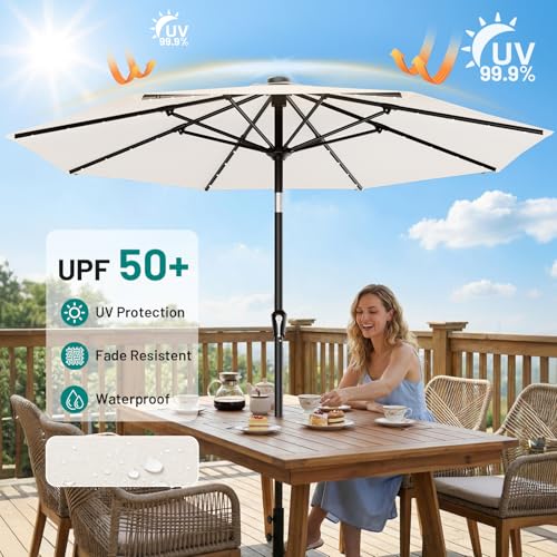 Image of AreShark 9FT Patio Umbrella with Solar Lights, 32 Lighted Pool Umbrella w /Tilt and Crank, Outdoor Market Solar Umbrellas for Garden, Deck, Backyard, Pool and Beach, Cream-White