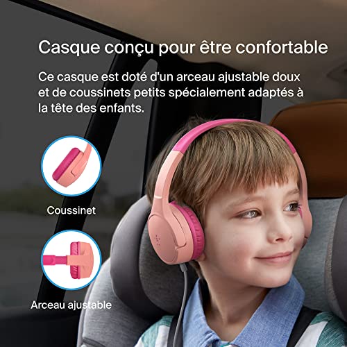 Belkin Casque audio filaire SoundForm Mini (pour enfants, circum-aural, micro intégré, pour apprentissage en ligne, école, voyage, jeu, pour appareils dotés d'un port audio 3,5 mm, rose)
