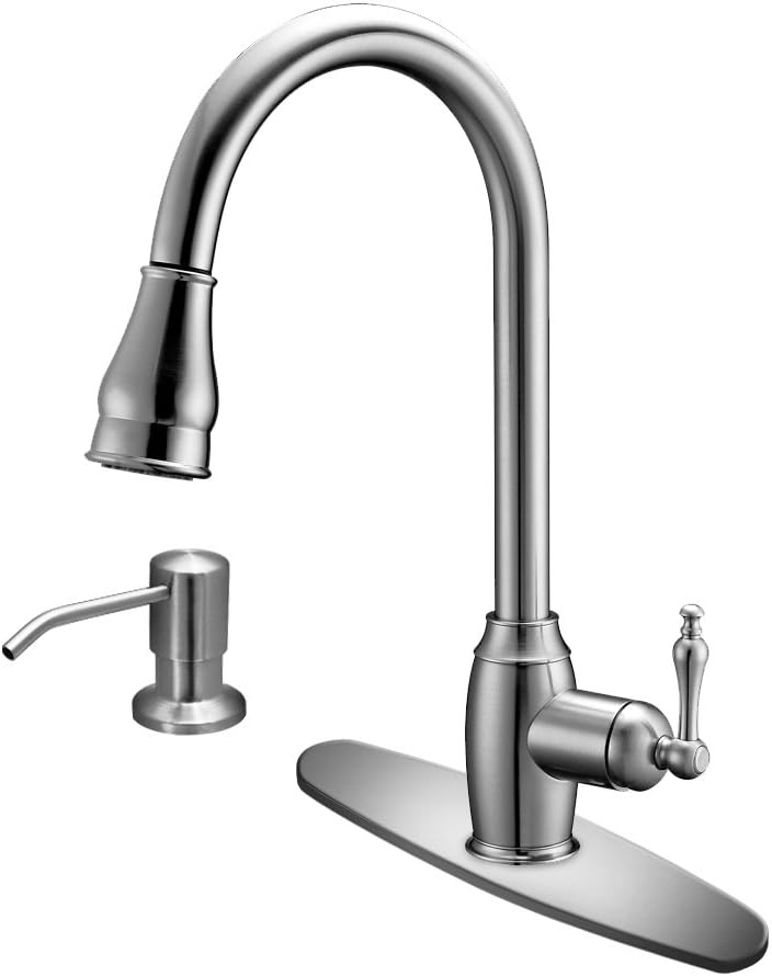 MiProducts FTPDS-01BN MiKitchen Single Handle Kitchen Faucet with Pull Down Sprayer, Soap Dispenser and Brushed Nickel Finish, 17.5-Inch Tall