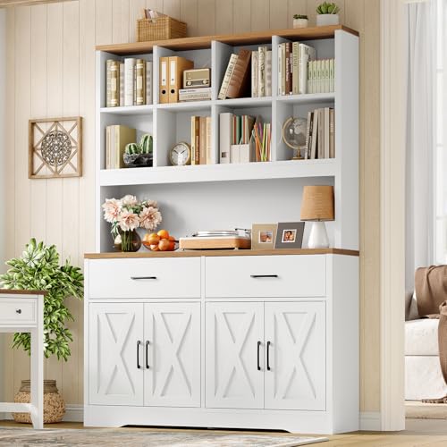Image of TEENFON Bookshelf and Bookcase, 5 Tier Floor Standing Bookshelves, Large Bookcases with Drawers and Storage Cabinet, 8 Open Storage Shelves and Printer Stand for Study, Living Room, Office
