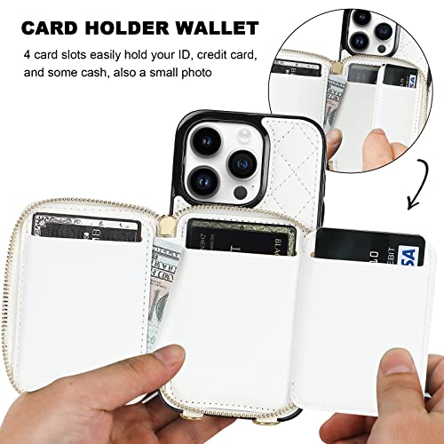 Bocasal Crossbody Wallet Case For Iphone 14 Pro, Rfid Blocking Pu Leather Zipper Handbag Purse Flip Cover, Kickstand Folio Case With Card Slots Holder Wrist Strap Lanyard 5G 6.1 Inch (White) #TOP3