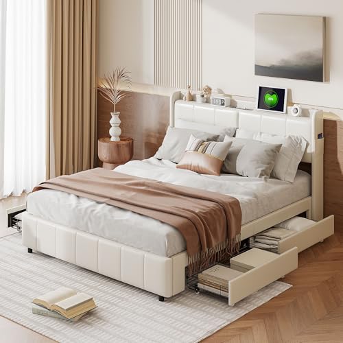 Generisch Cama tapizada 160x200 cm con cabecero, canapé con Cuatro cajones, Cama Doble con somier, Cama Funcional con Carga USB, Polipiel, Color Blanco