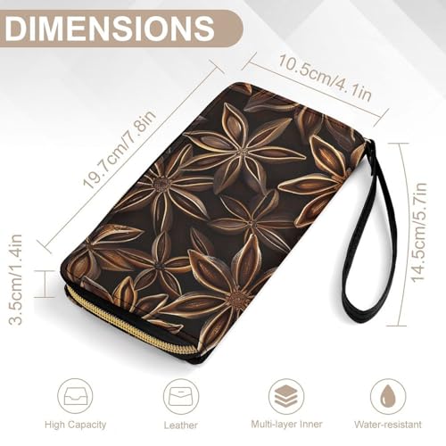 Womens Leather Wallets Star Anise Pattern Wallet for Women Large Capacity Card Phone Holder Ladies Purse with Wriststrap2