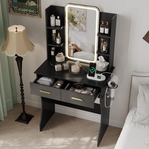 Image of HUANLEGO Small Black Vanity Desk with Mirror and Lights for Women Girls | Vanity Mirror with Lights, 3 Lighting Adjustable, LED Light Strips, Built-in Power Outlet, Compact Dressing Table For Girls