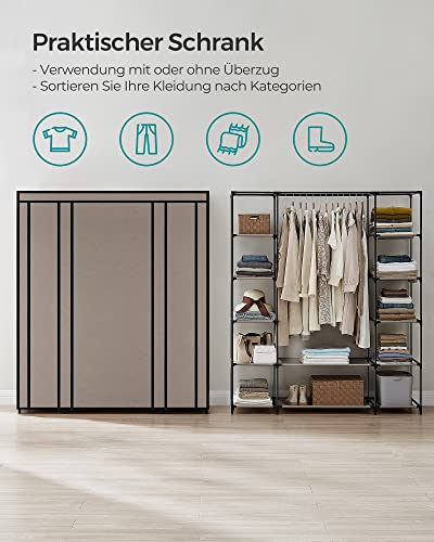 SONGMICS Kleiderschrank, Stoffschrank, mit Überzug aus Vliesstoff, Faltschrank mit Kleiderstange, 45 x 150 x 175 cm, 12 Ablagen, Metallrahmen, Schrank fürs Schlafzimmer, Taupe LSF003R02