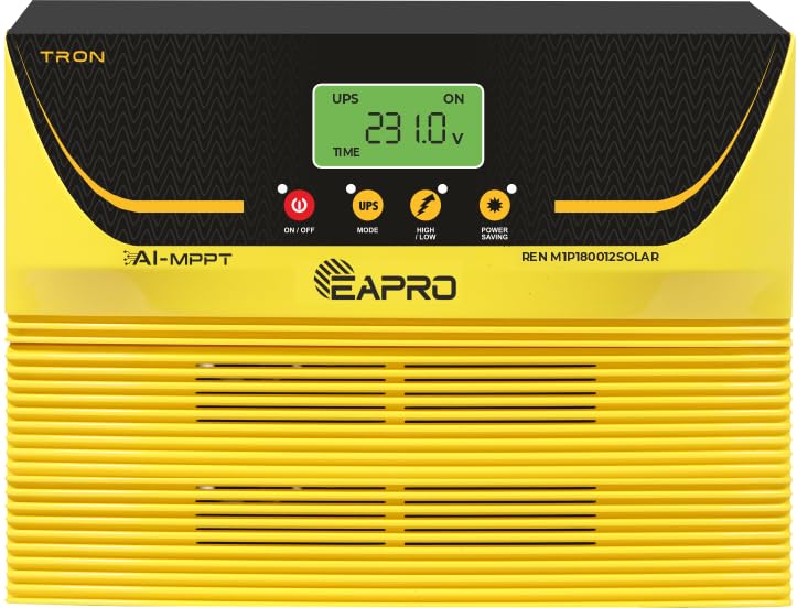 EAPRO TRON-1800 1500VA/12V AI-MPPT Solar PCU Inverter–Single Battery Support,Supports 2×24V Panels (520–590Wp),Advanced Pure Sine Wave with RTC,Yellow & Black | 36 Months Warranty - Amazon product rated Grade B