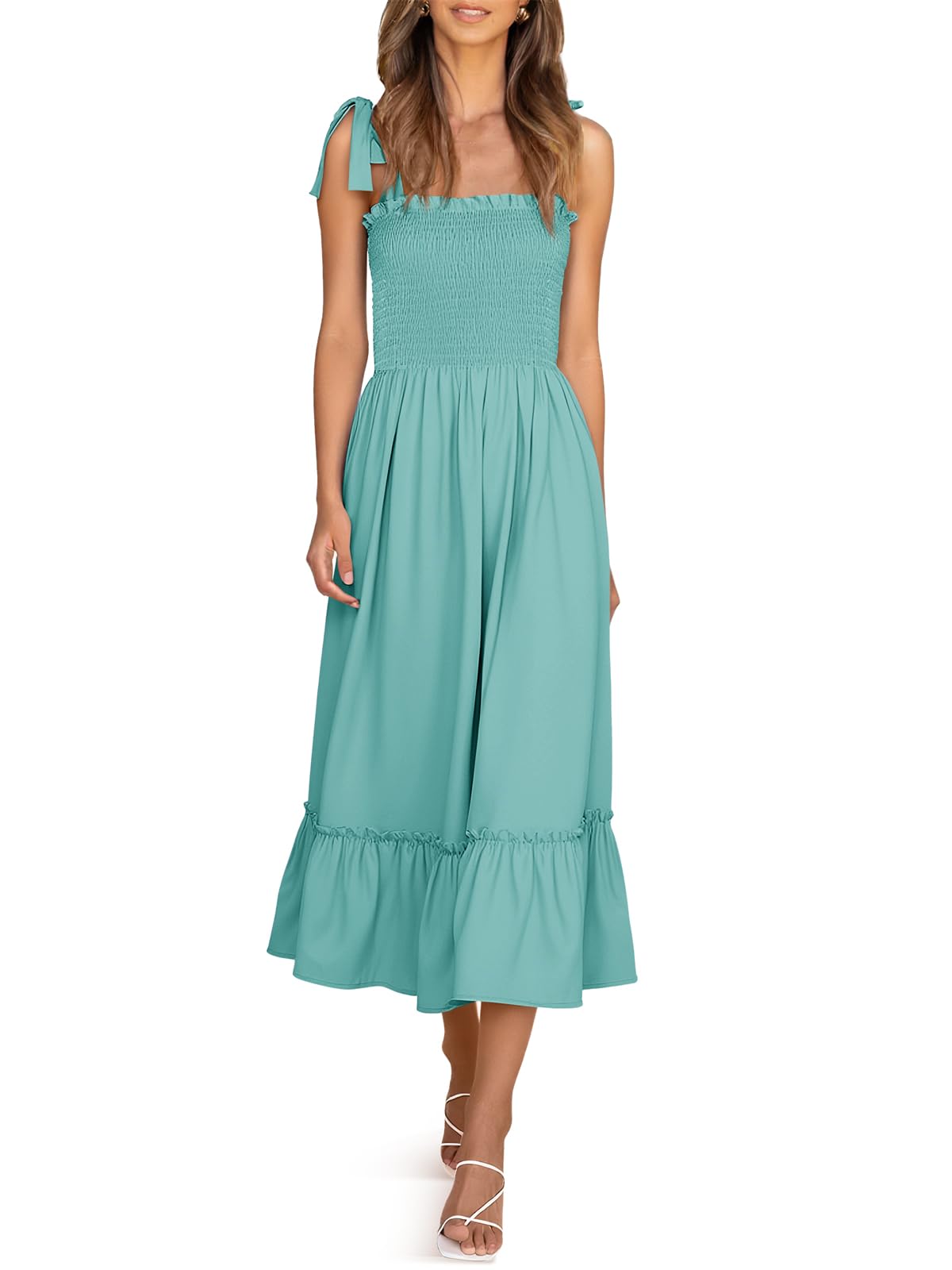 Imily Bela Womens Summer Floral Maxi Dress Boho Tie Strap Sleeveless Smocked A Line Beach Sundress Long Dresses: Medium Z1-green