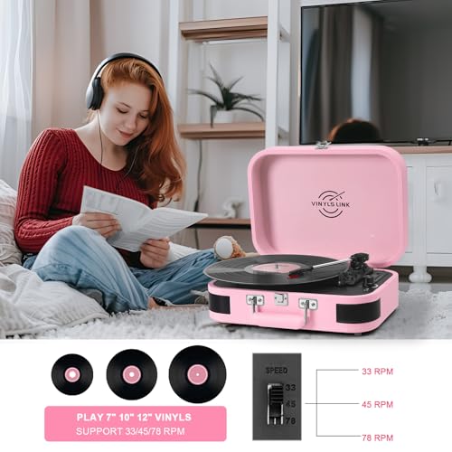 Image of VINYLS LINK Vinyl Record Player 3 Speed Bluetooth Turntable Belt Drive LP Play Portable Suitcase Record Player Built-in Speaker with EQ Mode USB Recording RCA Output /AUX Input Headphone Jack Pink