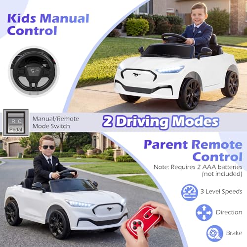 Image of Costzon Ride on Car, 12V Licensed Ford Mach E Kids Electric Vehicle with Parent Control, LED Lights, Horn, Music, Wireless Connection & Spring Suspension, Kids Car Toy for Girls Boys (White)