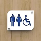 DECOHO Pictogramme plexi Toilettes Trio Hommes/Femmes handicapés PMR - Signalétique Toilettes - Blanc/Bleu - 3
