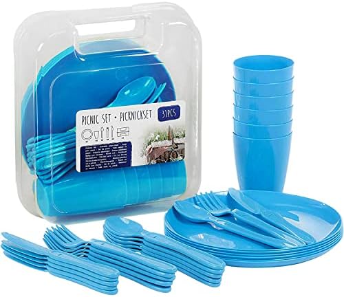 GEEZY 31 Piece Camping Picnic Plastic Utensils BBQ Set with Knives Forks Spoons Cups & Plates, Reusable (Blue)