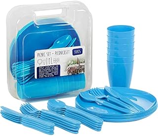 GEEZY 31 Piece Camping Picnic Plastic Utensils BBQ Set with Knives Forks Spoons Cups & Plates, Reusable (Blue)