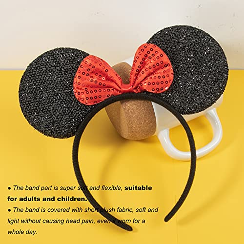 CHuangQi Mouse Ears Headband for Boys and Girls Birthday Party or Celebrations, Solid Black and Red Bow, 12pcs - Image 6