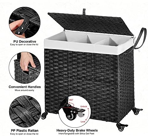 Greenstell Laundry Basket with Wheels, 2 Removable Liner Bags & 5 Mesh Laundry Bag, 3 Sections Divided Hampers Handwoven Synthetic Rattan Laundry Hamper with Lid and Handles, Easy to Install Black