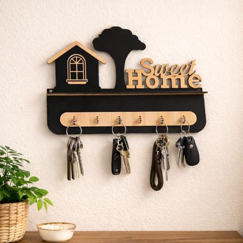 Image of CraftVatika Key Hangers for Wall with Shelf Key Holder, Wall Mounted Decoration Key Chain Stand Wood Keys Organizer 6 Stainless Steel Hook Decorative Items for Living Room Home Decor, Wall Decor