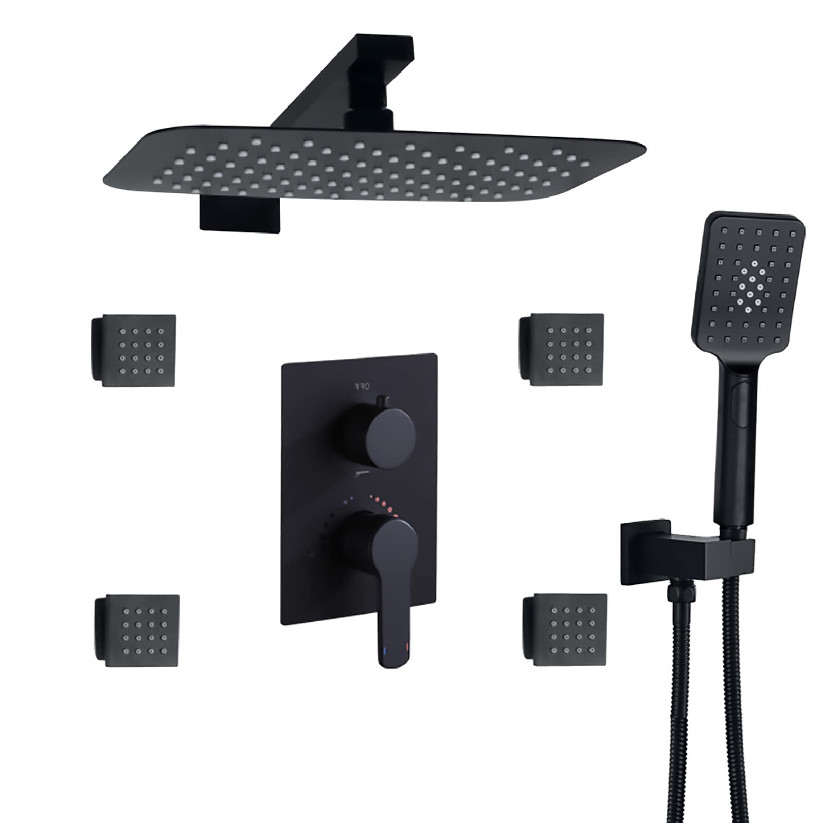 Sistema de Ducha Juego de Grifo de Ducha Negro Juego Combinado de Ducha de Lluvia de 12 * 8 Pulgadas Kit de moldura de Ducha y bañera montado en la Pared con rociador de Mano de 3 Modos y Cabezal de