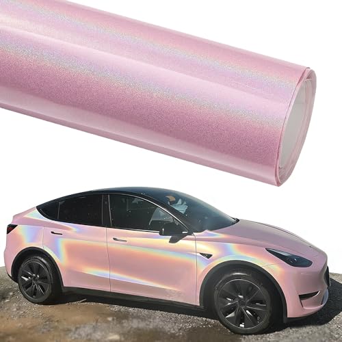AuMoHall Rainbow Charming Pink Glossy Chameleon Car Vinyl Wrap, Metallic Sparkle Effect Holographic Laser Iridescent Color Change DIY Vehicle Vinyl Film, 59.84' x 29.52'