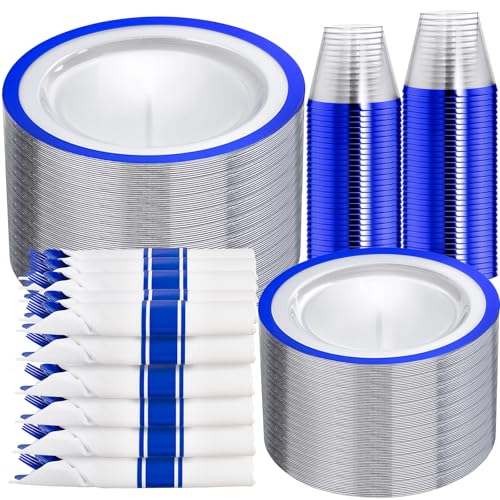I00000 350 Pcs Dark Blue Plastic Plates,Clear Disposable Plates for 50 Guests,Blue Dinnerware Include 50 Dinner Plate 50 Dessert Plate,50 Cups,50 Pre Rolled Napkins with Cutlery Set for Party,Wedding