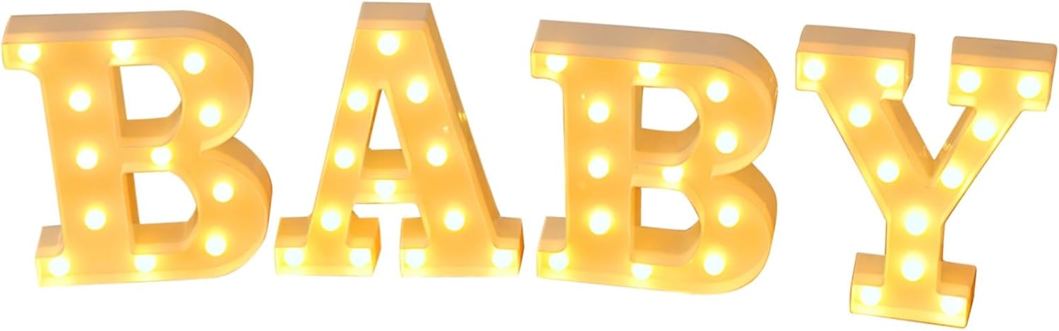 Led Announcement Signage, Decorative Lighted Letters, Warm Yellow Illumination, Night Light for Baby Showers, Gender Reveal, Birth Celebrations, Features A, B, B, Y, 22.5 Cm Tall, Four Letters