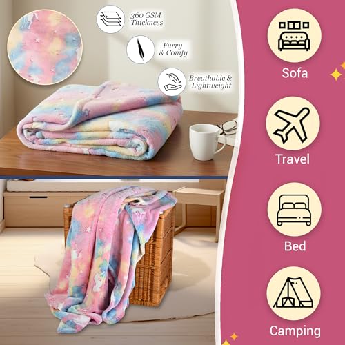 Image of Glow Blanket for Kids 200x150 cm, Pink Unicorn Glow in The Dark Blanket, Soft Flannel Fleece All Season Kids Blanket, Birthday Gift for Boys & Girls