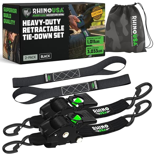 rhino usa retractable ratchet straps 2-pack - 2 inch x 10 feet 3033lb break strength - heavy duty auto self retracting tie down straps for truck cargo trailer motorcycle rad amp more - black