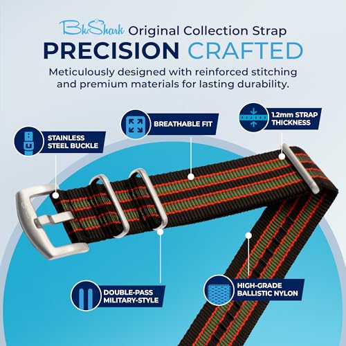 Image of BluShark - Original Collection Military-Style Waterproof Watch Strap, Fits All Timepiece Brands, Durable Nylon Wristwatch Accessories with Stainless Steel Buckle - 18mm, 20mm, 22mm & 24mm Watch Bands