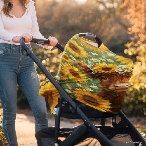 Image of Wanyint Stretchy Baby Car Seat Cover Nursing Breastfeeding Shopping Cart High Chair Stroller Covers Infinity Scarf Car Seat Canopies, Highland Cow Sunflower Green