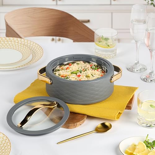 Image of CELLO Velvetto Deluxe 1500 Insulated Casserole Hot Box for Kitchen 1500 ml, Grey | Airtight See Through Lid Hot Pot Case Keeps Food Hot & Warm for Long Hours, Casserole Set for Roti, Rice & Biryani