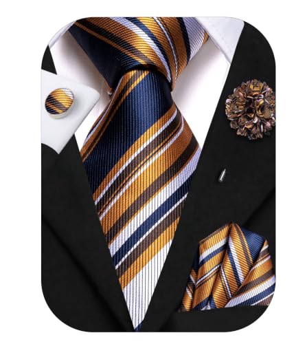 Image of Hi-Tie Men Silk Ties Set with Flower Lapel Pin Necktie Pocket Square Cufflinks for Tuxedo Wedding Business