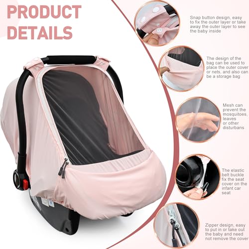 Image of Baby Car Seat Cover,Sunproof Car Seat Canopy for Babies, Extra Large Mesh Window Baby Car Seat Sun Shade Cover, Infant Carseat Covers for Summer /Autumn Use(Pink)