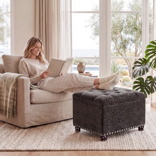 Image of Joveco Storage Ottoman Bench, Rectangle 24 inch Velvet Foot Rest Stool Square Footstool for Living Room, Bedroom, Charcoal Grey