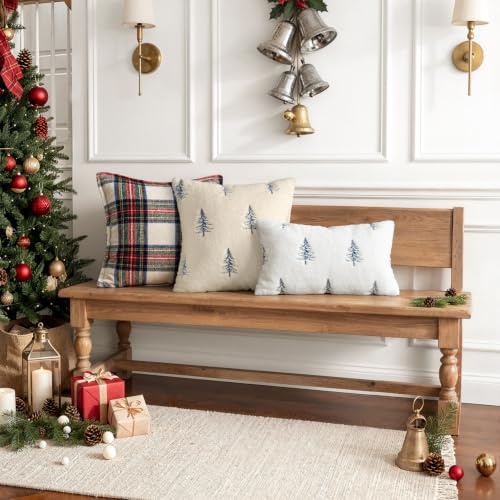 Image of MIULEE Christmas Decorative Faux Fur Pillow Covers 18x18 Inch Beige Blue | Set of 2, Embroidered Christmas Tree Throw Pillows, Winter Couch Covers, Festive Home Decor for Sofa Bedroom Living Room