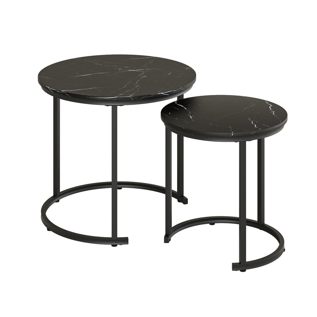 HEYZOEY Round Coffee Tables, Removable Set of 2 End Table, Nesting Table, Side Table with Black Metal Frame Legs and Marble Black Top for Living Room, Bedroom, Office, Balcony, Apartment (50/37.5cm)
