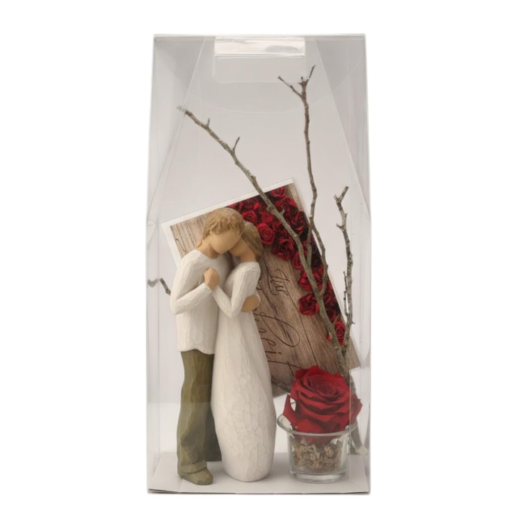 Hochzeitsgeschenk Box 1 – Figur 23 cm mit Long-Life-Rose im Teelichtglas, Faltkarte „Zur Hochzeit“ & Acryl Geschenkbox mit Tragegriffen – Geschenk für Brautpaar
