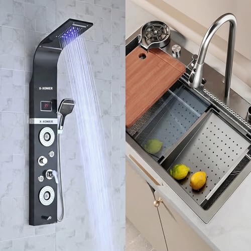 Image of X-XONIER 304 Grade Stainless Steel 7 In 1 Shower panel and All in One Sink Combo Multifunction Handheld Mist Spray Temperature Display (black)