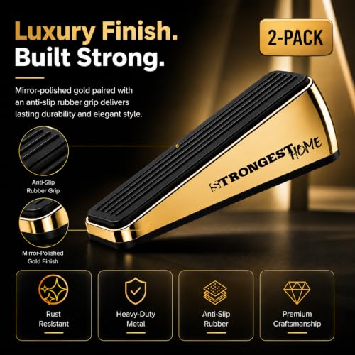 Image of STRONGEST HOME Gold Door Stoppers for Bottom of Door - Heavy Duty Metal Rubber Stopper, Non-Slip Door Stop for Heavy Doors, Works on Wood, Tile & Carpet, Wedge 2 PCs + 2 White Wall Protectors
