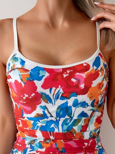 Image of Eomenie Women's Tankini Swimsuits Two Piece Tummy Control Bathing Suit Color Block Slim Swimwear with High Waisted Bottom